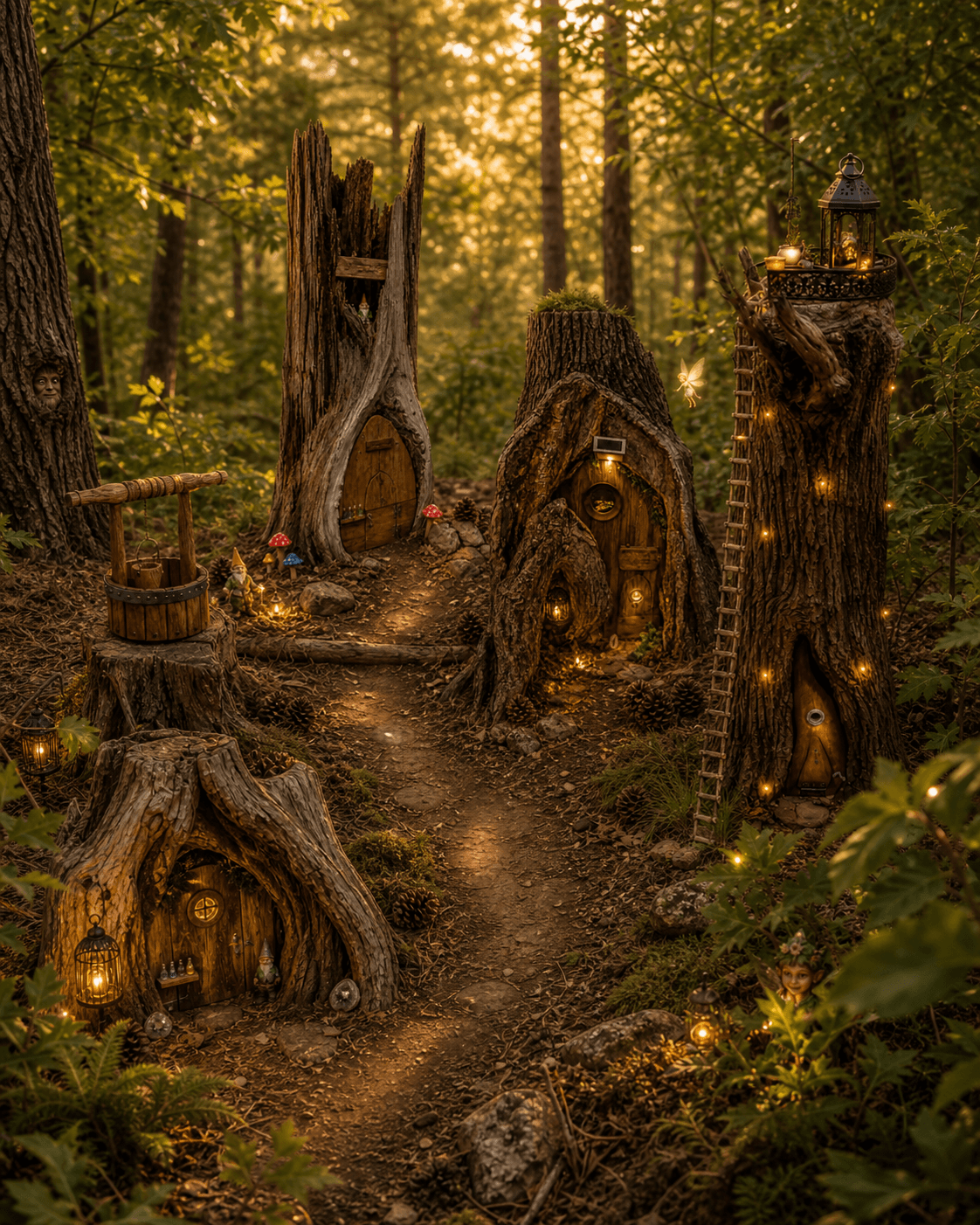 The five magical forest homes gathered along a golden woodland trail with tiny hidden forest friends