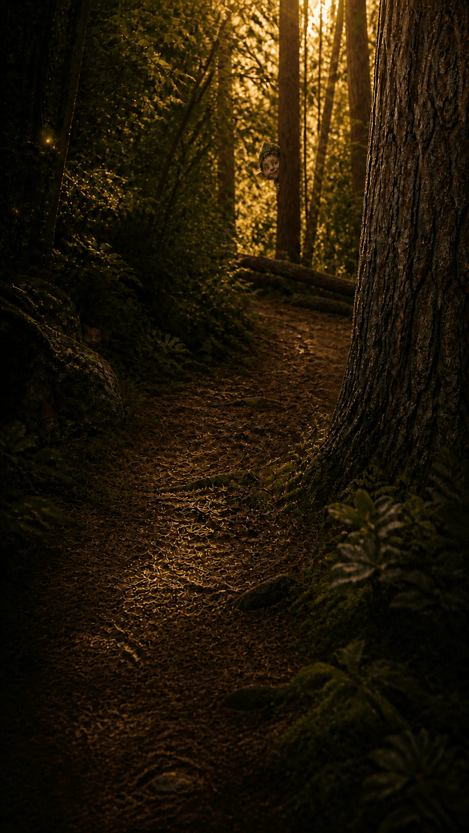 A tiny elf peeking from a tree beside a golden forest trail