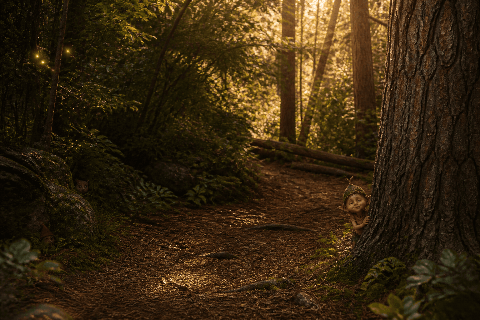 A golden forest trail with a tiny elf and other magical creatures peeking from the trees